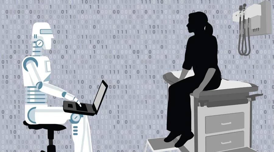 Illustration of an AI doctor and a human patient in a clinic setting.