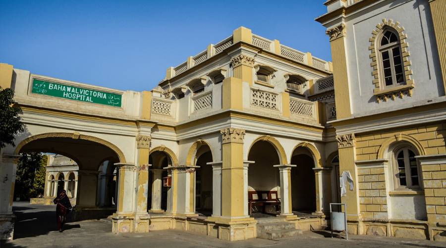 Bahawalpur Victoria Hospital exterior during a healthcare crisis, facing severe medicine shortages due to government funding delays.