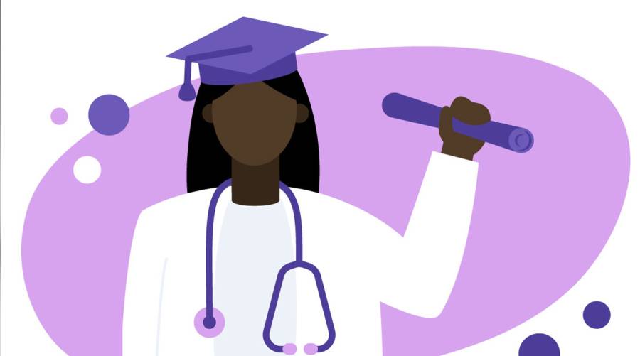 Illustration of a happy female medical graduate wearing a cap, holding her degree, and with a stethoscope around her neck.