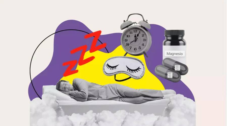Person demonstrating sleepmaxxing routine with magnesium supplements and white noise machine