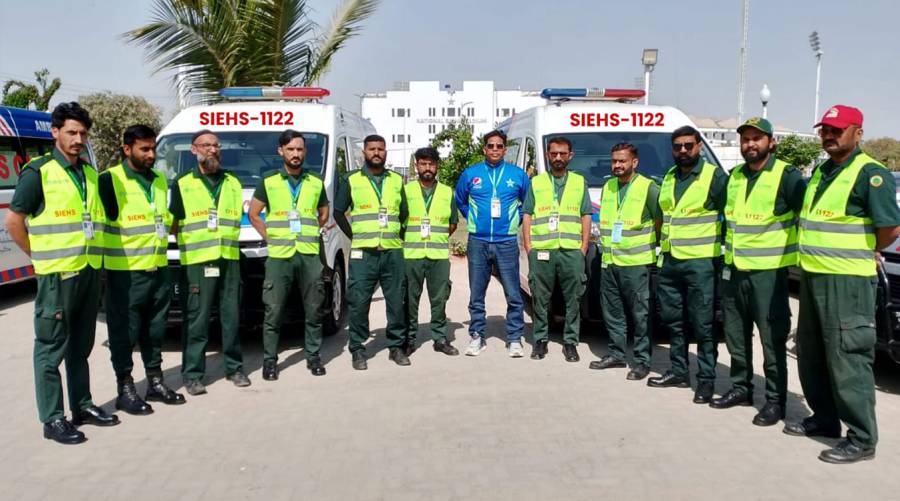 SIEHS-1122 ambulance providing emergency services at PSL 2025 Karachi.