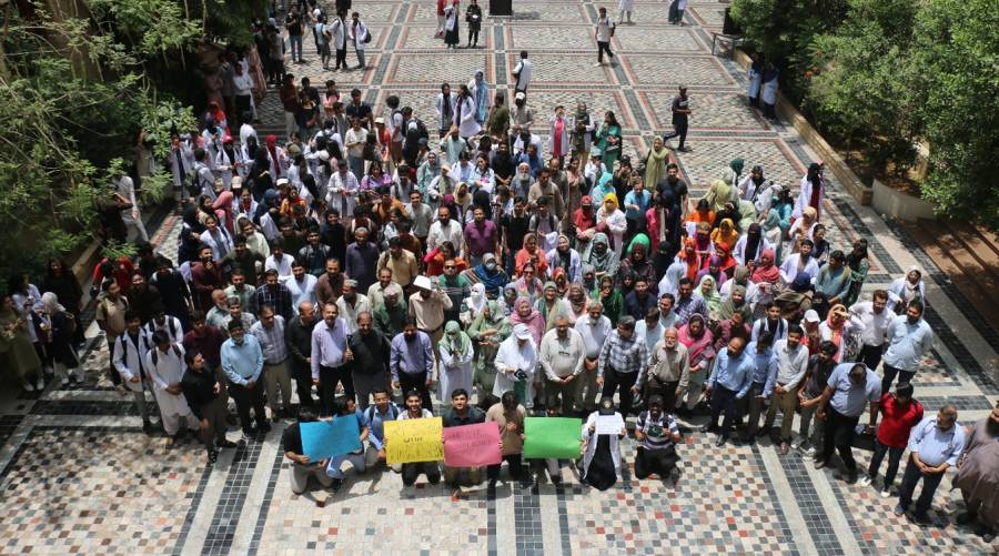 Dow University protest rally against Indian aggression showing student and faculty solidarity with Pakistan Army