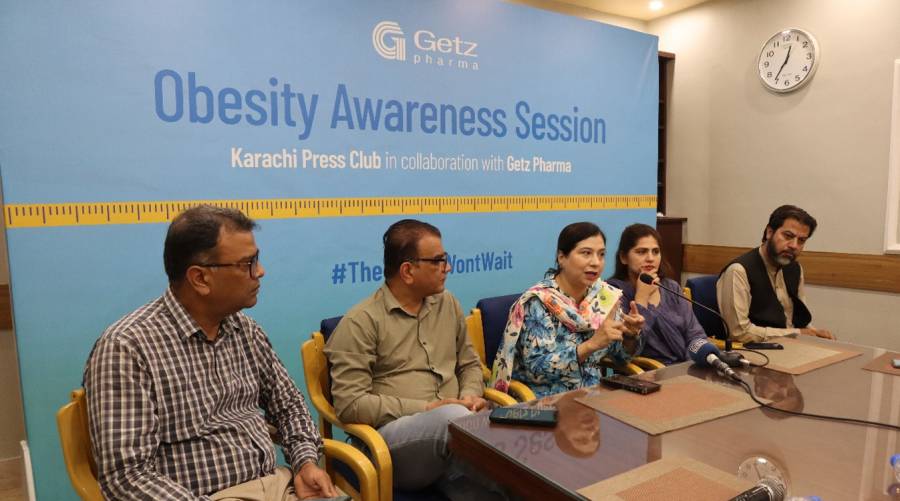 Health experts at Karachi Press Club discussing Pakistan\'s obesity crisis during awareness camp