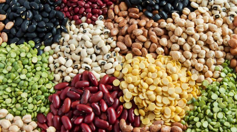 Close-up of different kinds of peas and black beans, known for reducing cholesterol and inflammation