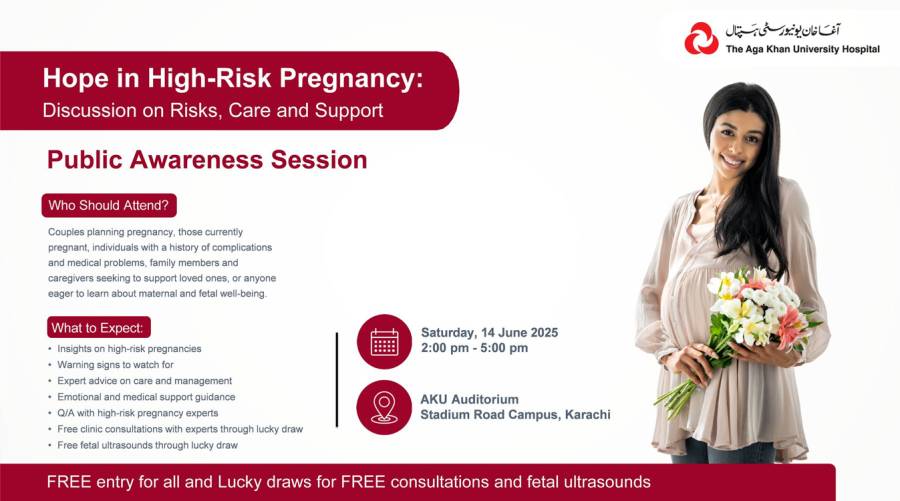 Pregnant woman holding flowers promotes AKUH public awareness session on high-risk pregnancy in Karachi, June 14, 2025