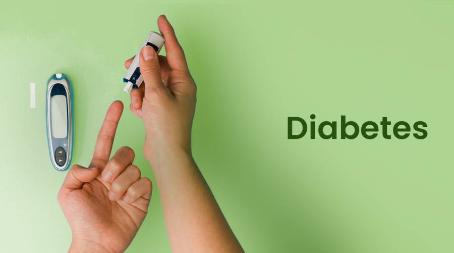 Hands checking blood sugar with glucometer next to “Diabetes” text — study links remission to one simple drink swap