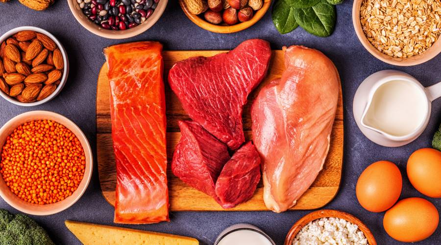 high-protein food sources like salmon, beef, chicken, eggs, nuts, and lentils for building muscle mass