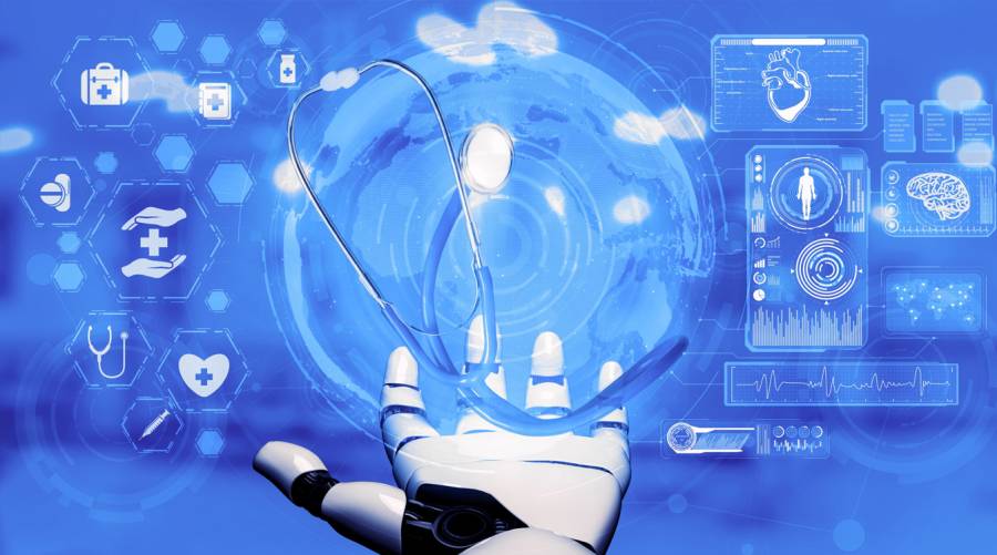 Robotic hand holding stethoscope with digital health icons and AI interface