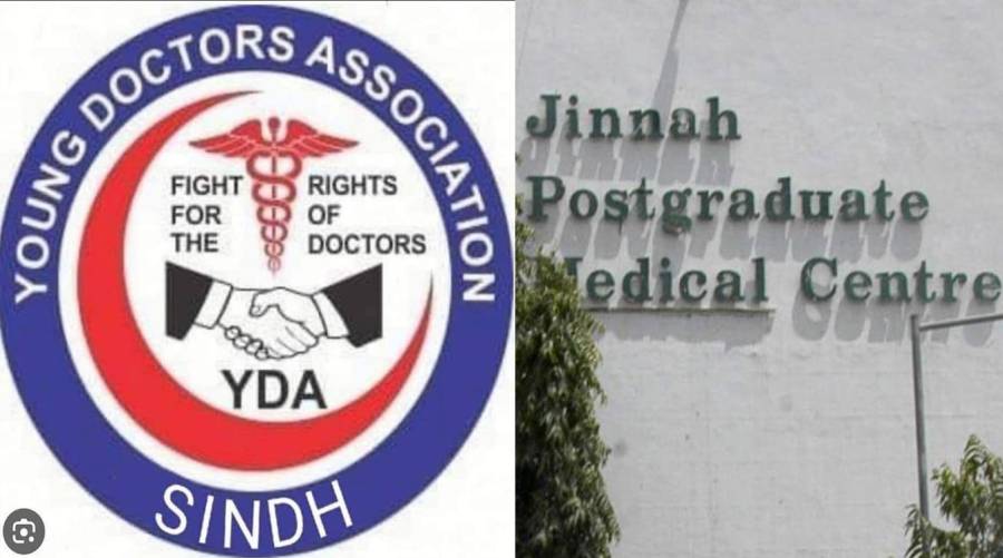 YDA Sindh logo alongside Jinnah Postgraduate Medical Centre building in Karachi