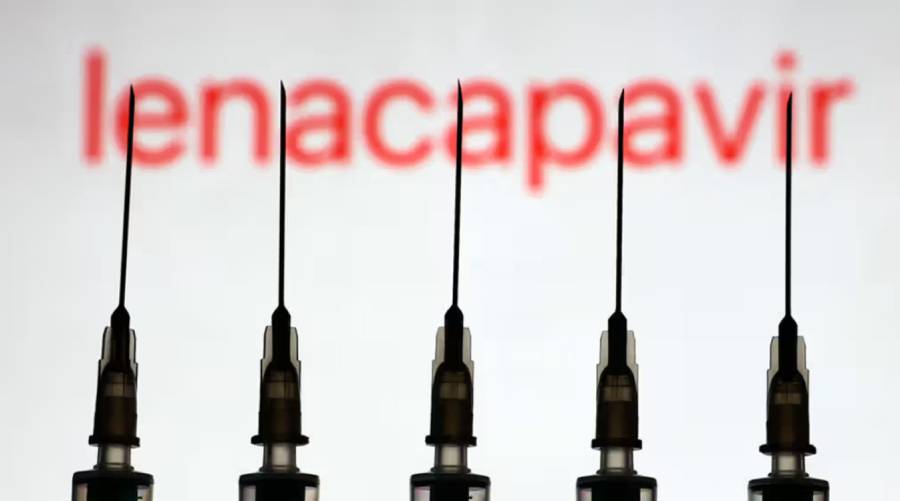 Close-up of syringes with Lenacapavir label in background, representing twice-yearly HIV prevention treatment.