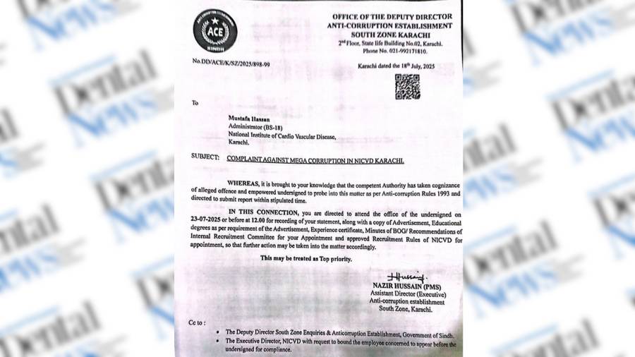 Notices issued to NICVD Karachi officials by the Anti-Corruption Establishment regarding the investigation into PKR 40 billion corruption allegations.