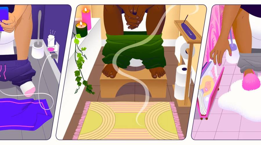 Illustrated image of people sitting on toilets in various bathroom settings, using phones, reading, and relaxing, symbolizing modern toilet habits and gut health concerns.
