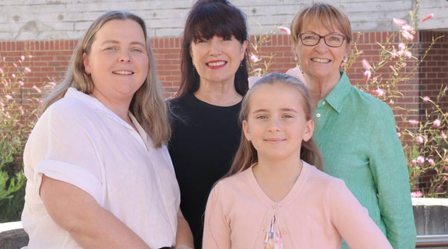 Group photo featuring Simone Hewitt, Clinical Educator Kathy Viljoen, Harriet Hewitt, and Associate Professor Janet Beilby at the Curtin Stuttering Treatment Clinic, highlighting their role in the groundbreaking global study linking genetics to stuttering.
