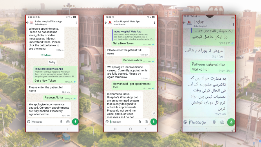 Indus Hospital WhatsApp chatbot screenshots showing patient’s failed booking attempts due to fully booked appointment slots.