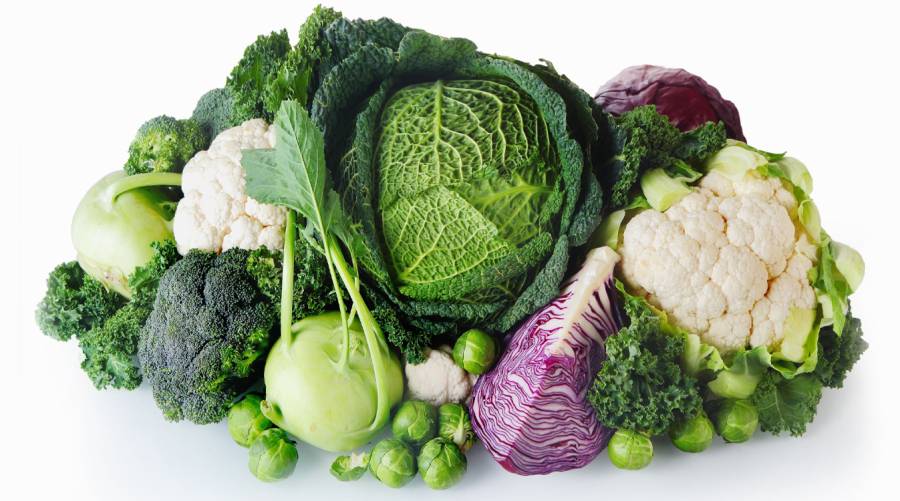 Assortment of cruciferous vegetables including broccoli, cauliflower and Brussels sprouts on a kitchen counter.