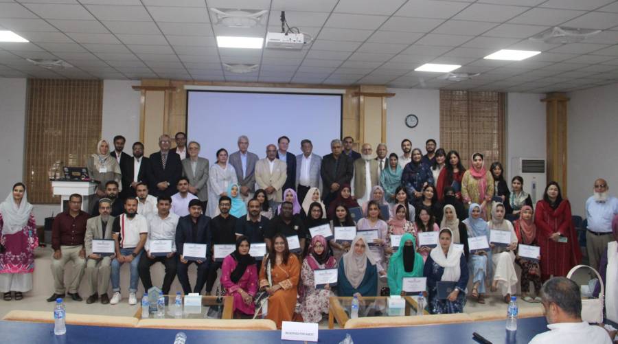 A group photo from the DUHS ceremony at Yousufi Corner, Digital Library, Ojha Campus, where first cohort of 230 professional pharmaceutical regulatory sciences diploma graduates received their diplomas.