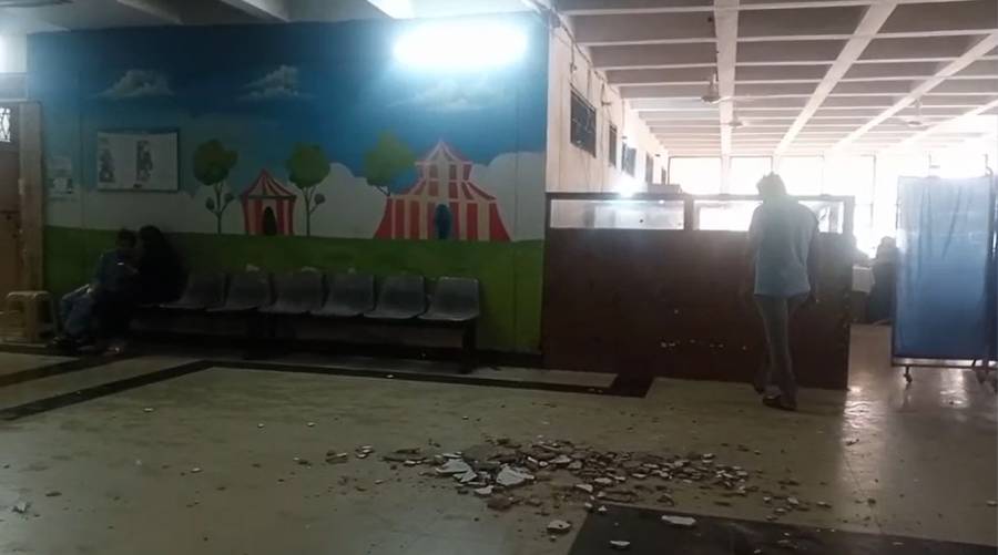 Roof leakage and damaged plaster at Sindh Government Children Hospital Karachi during rainy season