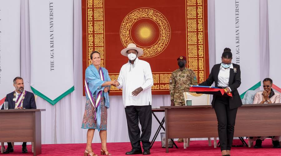 Princess Zahra Aga Khan receives The Excellent Order of the Pearl of Africa (Grand Commander) from President Yoweri Kaguta Museveni in recognition of her long-standing contributions to health, education, and women’s empowerment in Uganda.