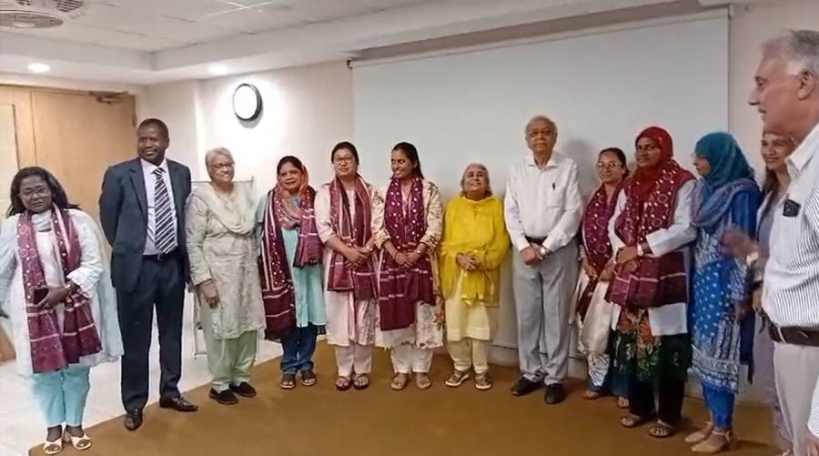Ceremony at Koohi Goth Hospital launching regional fistula center, dignitaries and medical staff present.