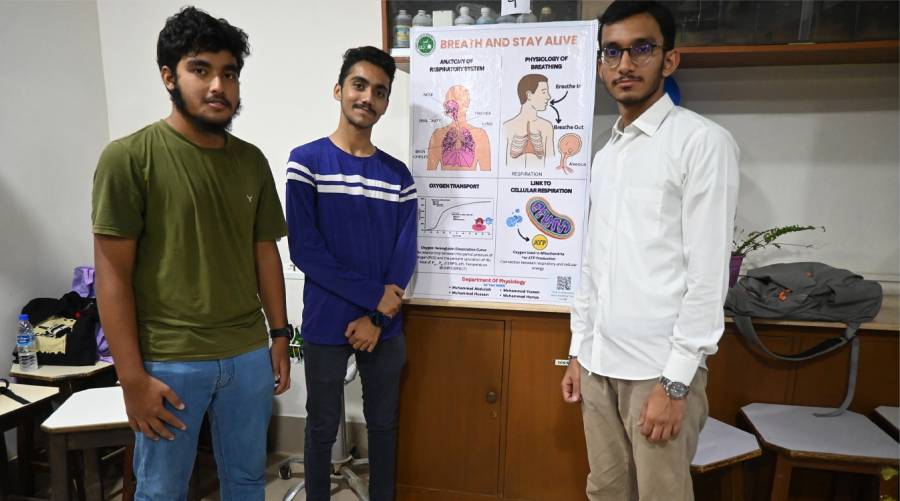 MBBS students at LCMD presenting posters on respiratory physiology during an academic competition 2025