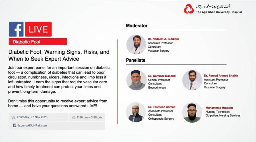 AKUH Facebook Live session on diabetic foot risks with vascular, orthopaedic, endocrinology experts and nursing services.