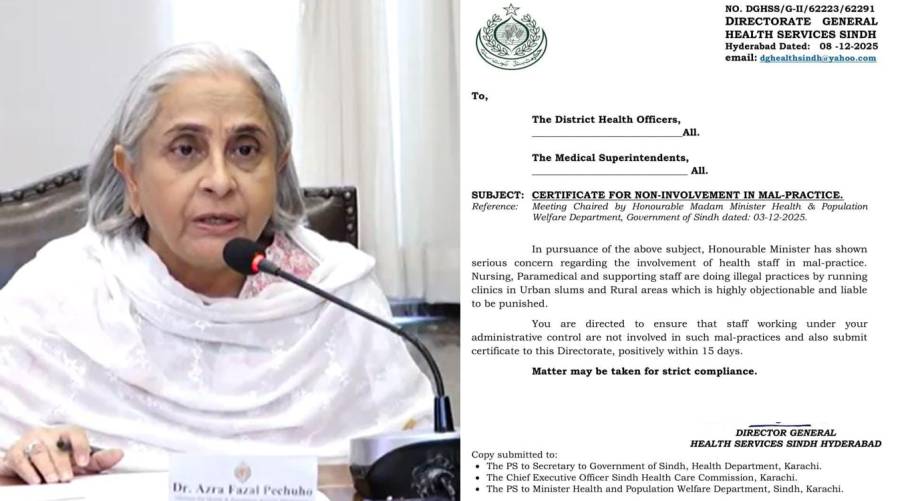 DG Health Services Sindh notification ordering action against unauthorized clinics operated by nurses and paramedical staff.
