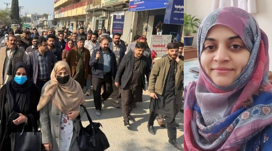 Dr Warda’s file photo with doctors and civil society protesting her murder in Abbottabad, demanding swift justice and accountability.