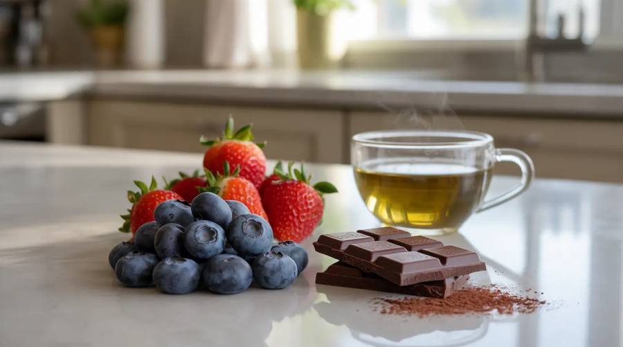 Polyphenol-rich foods including coffee, cocoa, and berries are linked to improved heart health by reducing cardiovascular disease risk.