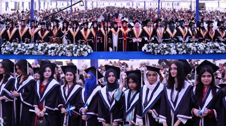 A wide view of the DUHS 15th Convocation ceremony at Ojha Campus Cricket Ground, highlighting graduating medical and dental students and the strong presence of female medalists.