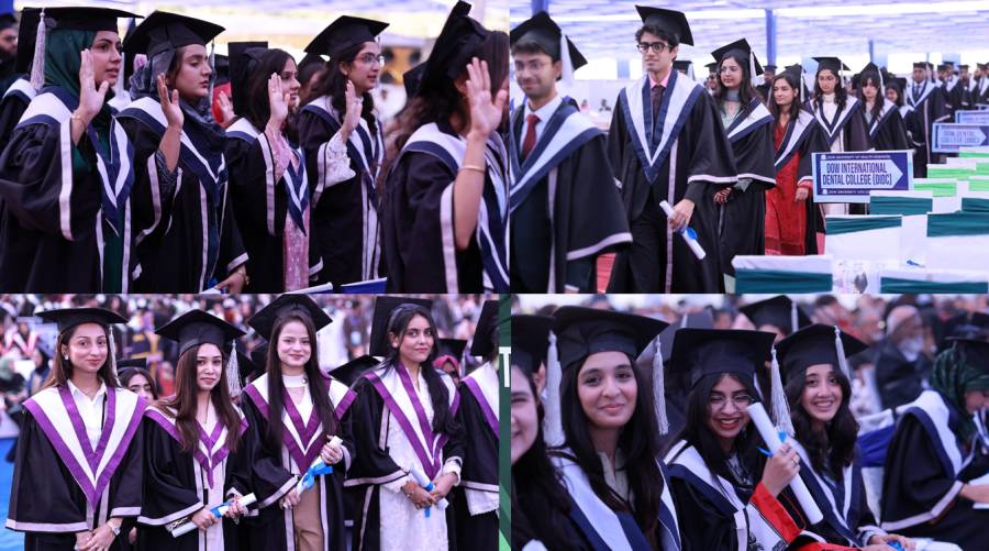 A wide view of the DUHS 15th Convocation ceremony at Ojha Campus Cricket Ground, highlighting graduating medical and dental students and the strong presence of female medalists.