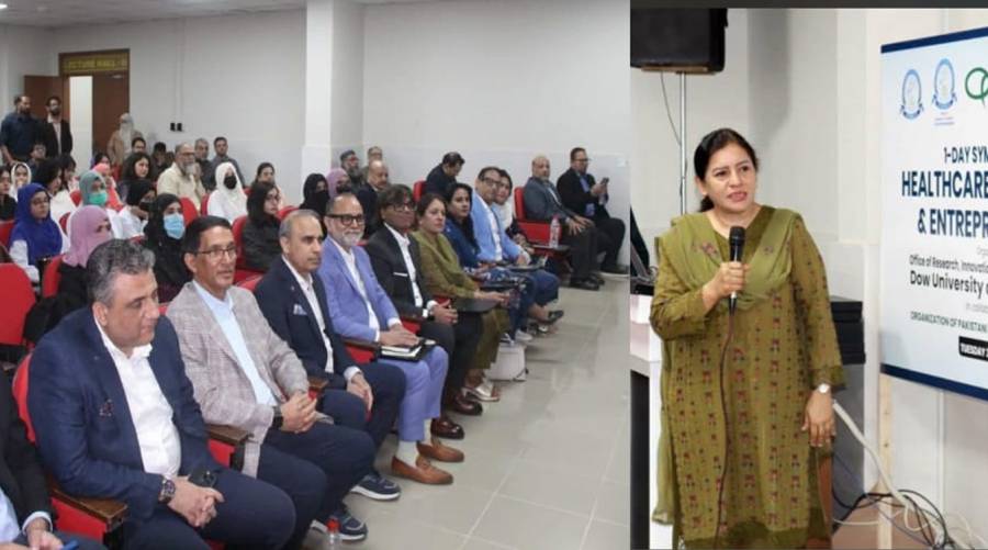 Prof. Jehan Ara Hasan at DUHS symposium discussing the future of healthcare innovation.