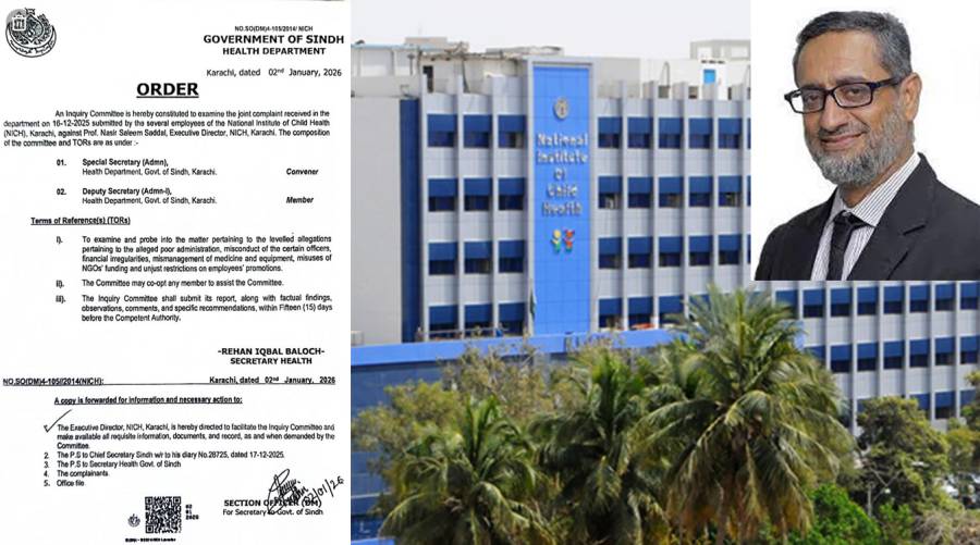 Sindh Health Department announces an inquiry committee to investigate allegations of administrative mismanagement and financial irregularities at NICH.