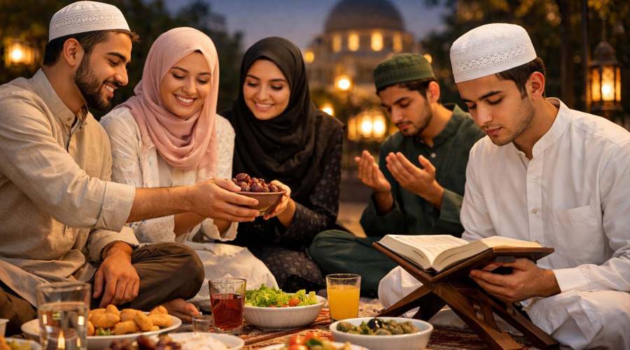 Young Muslims fasting and praying during Ramadan, promoting spiritual and personal growth.