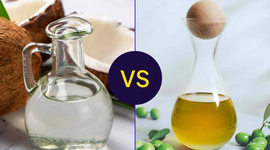 Olive oil and coconut oil bottles with a fried iftar meal in the background.