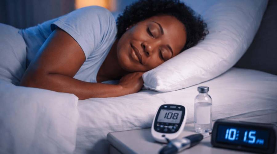 Person sleeping peacefully in bed with text overlay: “7 Hours 19 Minutes Sleep for Insulin Health”.