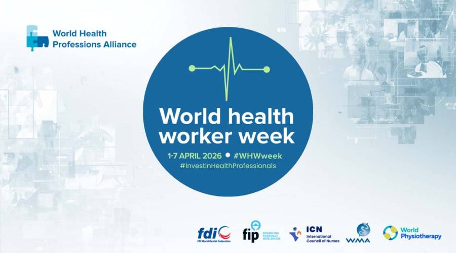 Healthcare professionals from multiple disciplines symbolizing World Health Worker Week 2026 and the global workforce investment campaign.