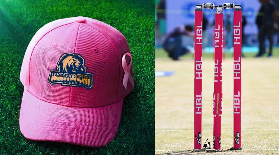HBL PSL 11 Pink Day at National Bank Stadium Karachi promoting breast cancer awareness through pink caps, ribbons, and women cricketers’ participation.
