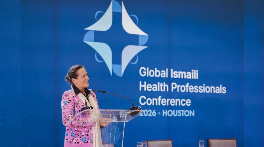 Princess Zahra Aga Khan speaking on stage at the Global Ismaili Health Professionals Conference 2026 in Houston on AI, ethics, and prevention in healthcare.