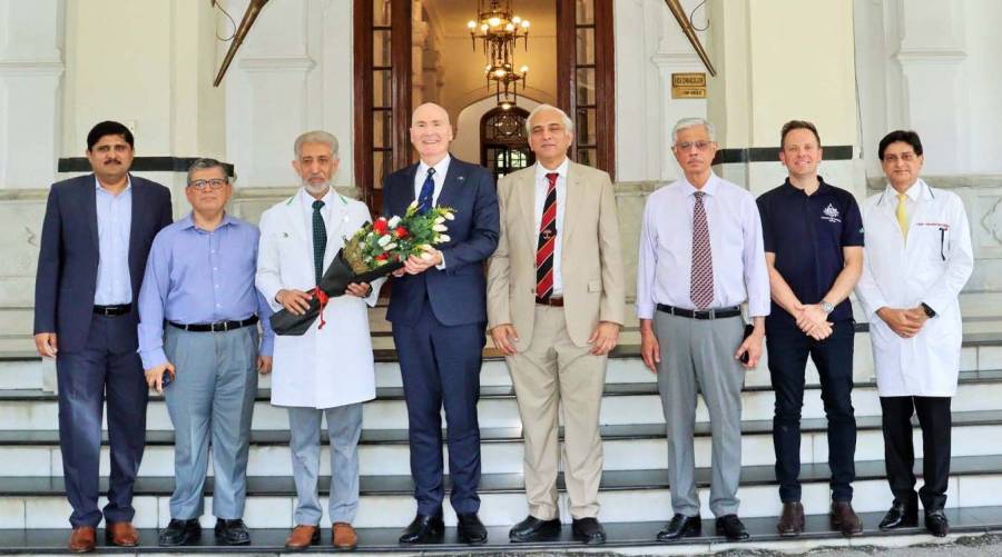 Australian High Commissioner Timothy Kane with KEMU officials during eye health partnership ceremony in Lahore