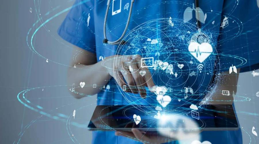 AI-powered clinical trials concept showing digital healthcare data and medicine research