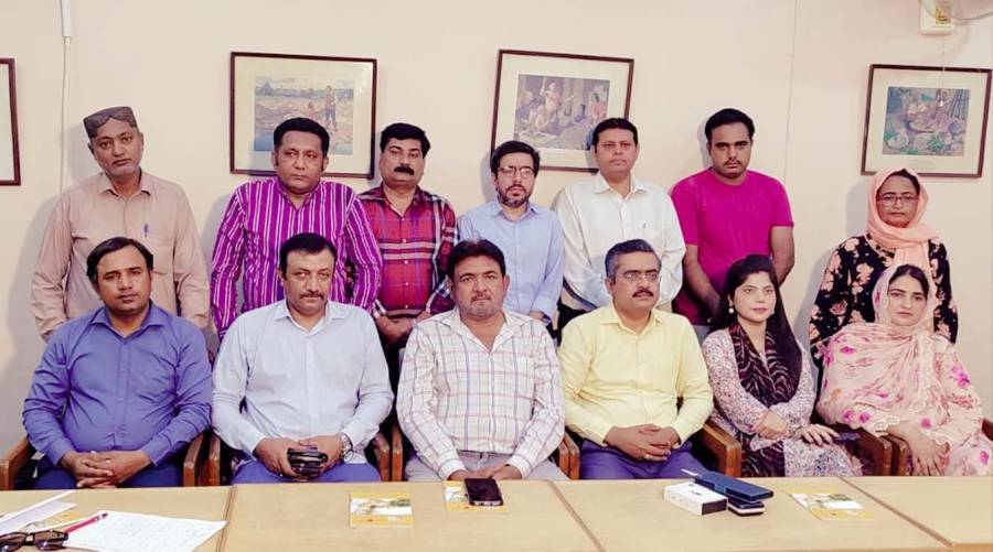 Health Reporters Association cabinet 2026 2027 group photo at PMA House Karachi