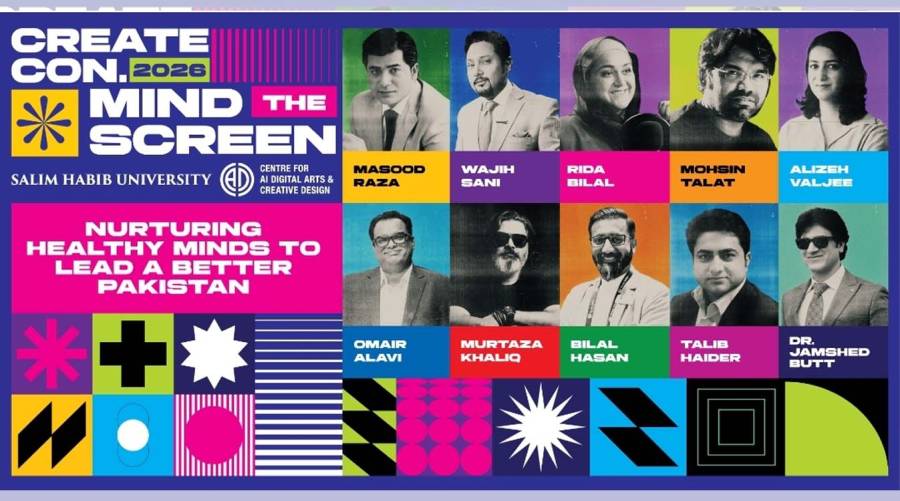 Official poster of CreateCon 2026 symposium on youth, media, and mental health at Salim Habib University Karachi
