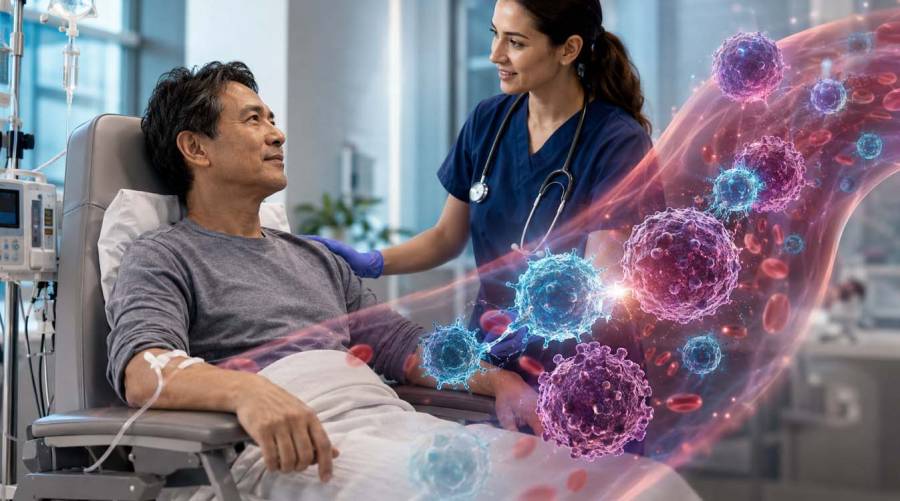 Illustration of advanced cancer immunotherapy research involving experimental CAR-T cell treatment for non-Hodgkin lymphoma.