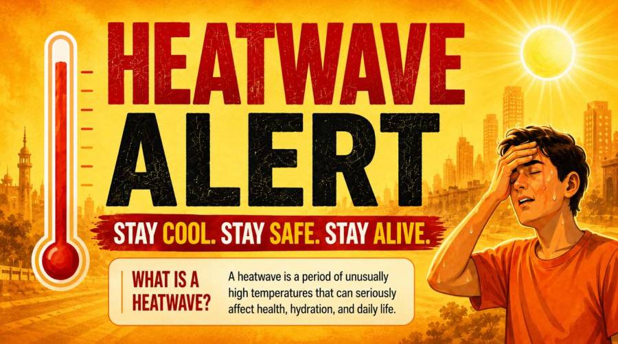 Heatwave alert infographic showing a person affected by extreme heat, a thermometer, bright sun, and safety guidance to stay cool, hydrated and protected.