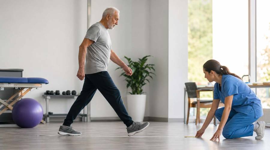Elderly person performing a two-step walking test as part of mobility and frailty assessment in geriatric healthcare.
