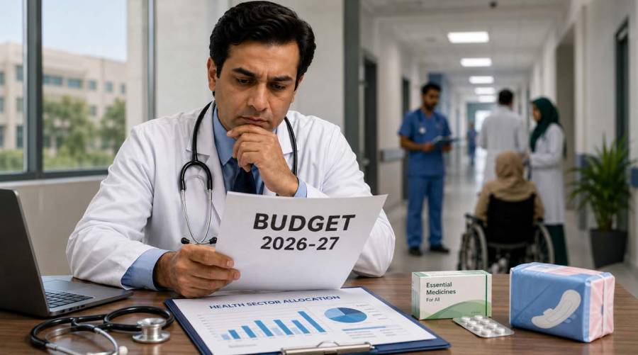 Pakistan Budget 2026-27 health sector illustration showing healthcare funding, medicine affordability, reproductive health relief, disease prevention and PMA concerns.