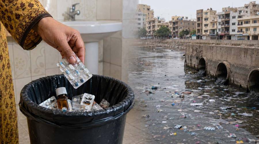 Expired and unused medicines being improperly discarded as a JSMU study highlights pharmaceutical waste disposal concerns among Karachi residents.