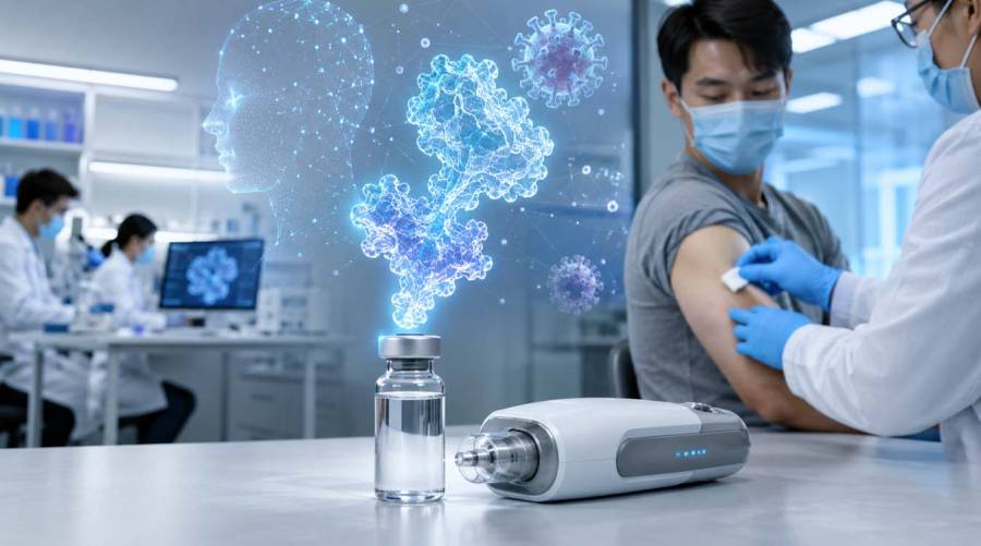 Scientists conducting research on the world\'s first AI-designed coronavirus vaccine during early-stage human clinical testing.
