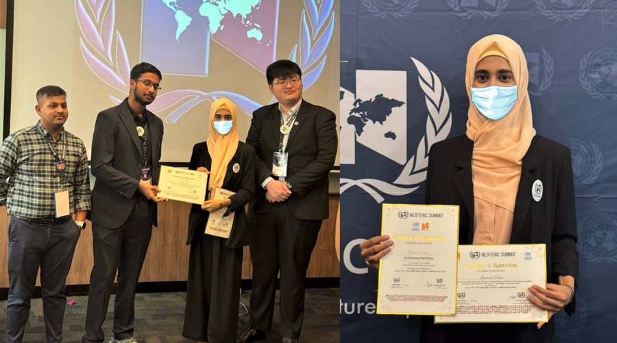 DUHS graduate Dr. Javeria Rao representing Pakistan at the Neoteric Summit Model United Nations 2026 in Kuala Lumpur, Malaysia, where she won the Outstanding Diplomacy Award.