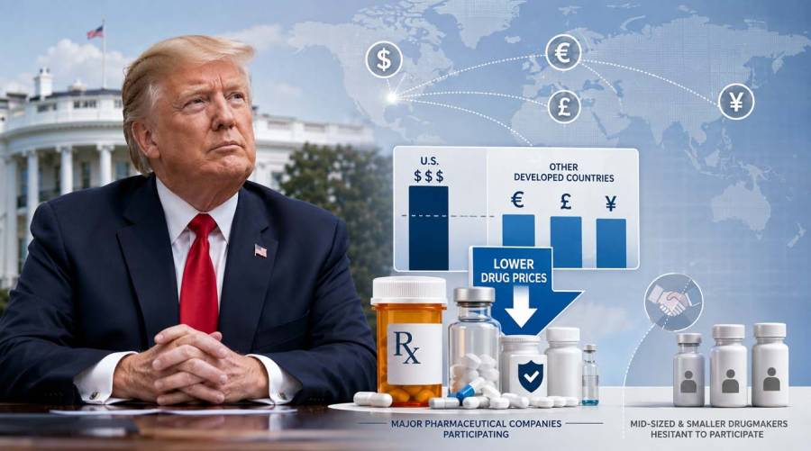 Illustration representing President Trump's prescription drug pricing initiative and smaller pharmaceutical companies' hesitation to participate in the Medicaid programme.